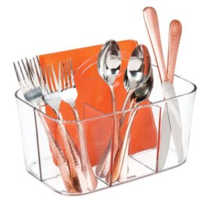 mdesign plastic cutlery storage organizer caddy bin tote with handle – kitchen cabinet divided pantry basket for forks, knives, spoons, napkins, indoor/outdoor use, lumiere collection, clear