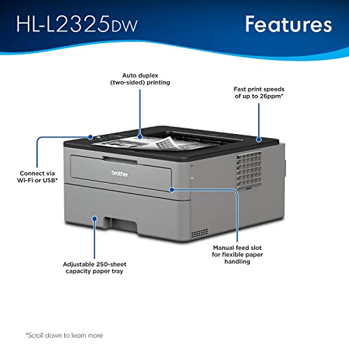 Brother HL-L23 Series Compact Monochrome Laser Printer, Print Copy Scan, 26 ppm, Wireless I Mobile Printing, Duplex Printing, Auto 2-Sided Printing, 250-sheet, with MTC Printer Cable