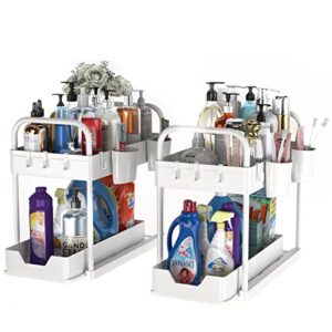 gemwon under sink organizer, 2 tier sliding bathroom organizer cabinet storage with hooks, hanging cups, handles, multi-purpose under sink shelf organizer for bathroom kitchen(2 pack)