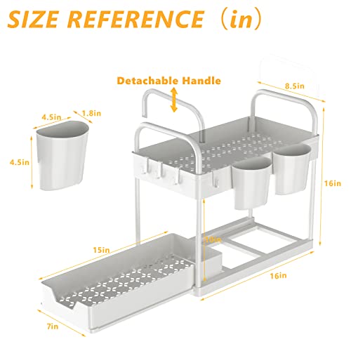 GEMWON Under Sink Organizer, 2 Tier Sliding Bathroom Organizer Cabinet Storage with Hooks, Hanging Cups, Handles, Multi-purpose Under Sink Shelf Organizer for Bathroom Kitchen(2 Pack)