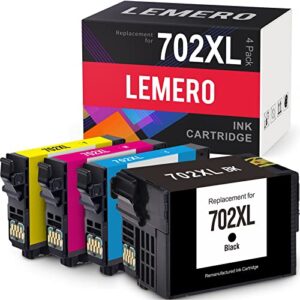 lemero remanufactured ink cartridge replacement for epson 702 702xl ink cartridges to use with workforce pro wf-3720 wf-3730 ( black cyan magenta yellow, 4 pack)