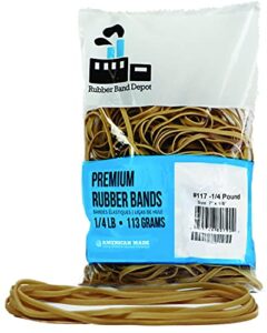 rubber bands, rubber band depot, size #117, approximately 50 rubber bands per bag, rubber band measurements: 7″ x 1/8” – 1/4 pound bag