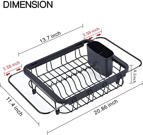 TOOLF Expandable Dish Drying Rack Over The Sink Adjustable Dish Rack in Sink Or On Counter Dish Drainer with Utensil Holder Rustproof for Kitchen