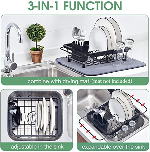 TOOLF Expandable Dish Drying Rack Over The Sink Adjustable Dish Rack in Sink Or On Counter Dish Drainer with Utensil Holder Rustproof for Kitchen