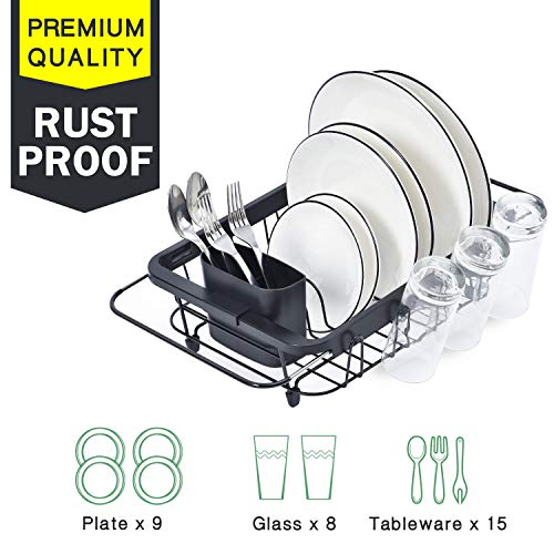 TOOLF Expandable Dish Drying Rack Over The Sink Adjustable Dish Rack in Sink Or On Counter Dish Drainer with Utensil Holder Rustproof for Kitchen