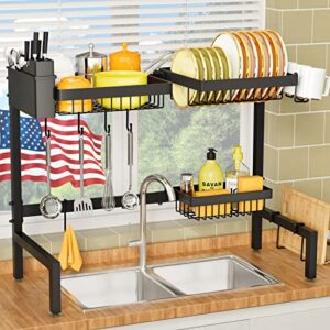 yklslh 2 tiers of retractable large over the sink dish drying rack with 3 baskets, for all sinks (22.8″-39.4″),adjustable large capacity sink rack, iron drain rack to save space（2 tiers-3 baskets）