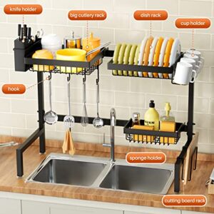 YKLSLH 2 Tiers of Retractable Large Over The Sink Dish Drying Rack with 3 Baskets, for All Sinks (22.8"-39.4"),Adjustable Large Capacity Sink Rack, Iron Drain Rack to Save Space（2 Tiers-3 Baskets）