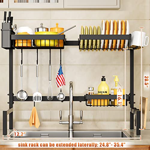 YKLSLH 2 Tiers of Retractable Large Over The Sink Dish Drying Rack with 3 Baskets, for All Sinks (22.8"-39.4"),Adjustable Large Capacity Sink Rack, Iron Drain Rack to Save Space（2 Tiers-3 Baskets）