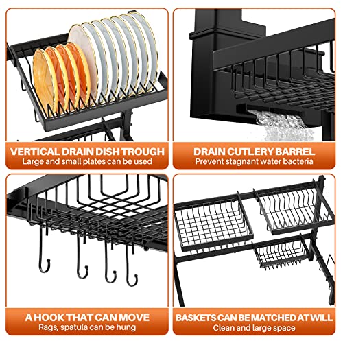YKLSLH 2 Tiers of Retractable Large Over The Sink Dish Drying Rack with 3 Baskets, for All Sinks (22.8"-39.4"),Adjustable Large Capacity Sink Rack, Iron Drain Rack to Save Space（2 Tiers-3 Baskets）