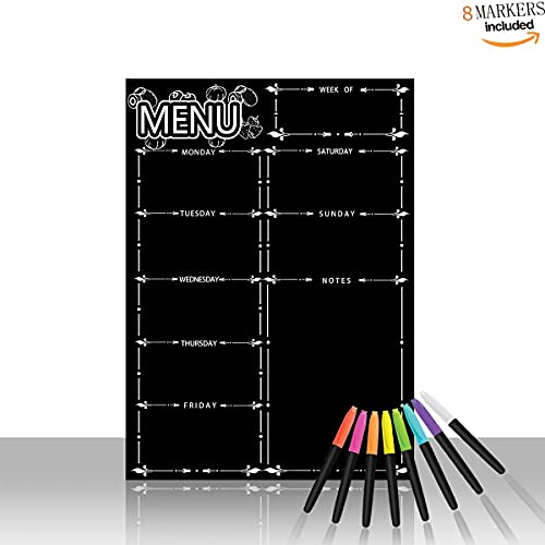 Magnetic Menu Board for Fridge, LiebHome Dry Erase Weekly Menu Planner/Family Calendar 16" x 12" with Grocery List and Notes (Black with 8 Markers)