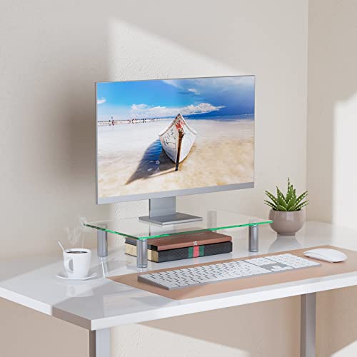 WALI Rectangular Tempered Glass Monitor Riser Desktop Stand Height Adjustable Table Top for Flat Screen LCD LED TV, Laptop, Notebook, Display (GTT001), 16 X 10 inch, Clear