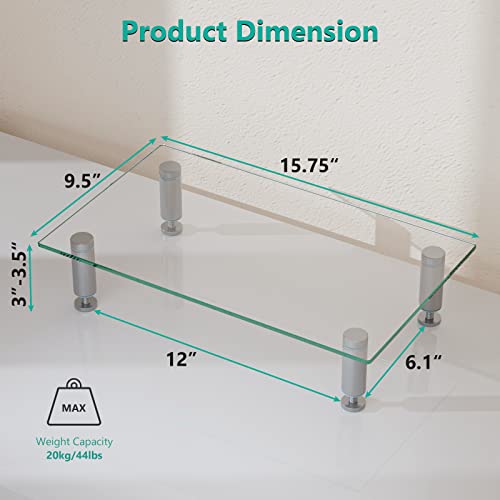 WALI Rectangular Tempered Glass Monitor Riser Desktop Stand Height Adjustable Table Top for Flat Screen LCD LED TV, Laptop, Notebook, Display (GTT001), 16 X 10 inch, Clear