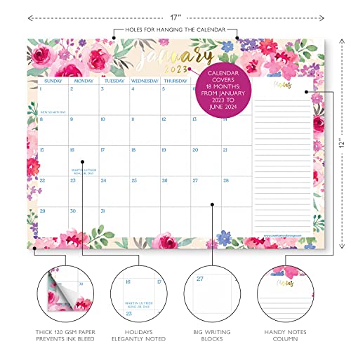 S&O Watercolor Floral Large Desk Calendar from Jan 2023-Jun 2024 - Tear-Away Table Calendar 2023-2024 - Desktop Calendar 2023-2024 - Academic Desk Calendar 2023-2024 - Desk Calendar Large - 12x17in