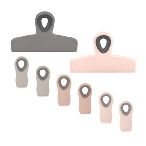 cook with color set of eight bag clips, 2 large heavy duty chip clip and 6 refrigerator magnet clips for food storage with air tight seal grip for snack bags and food bags (pink and grey)