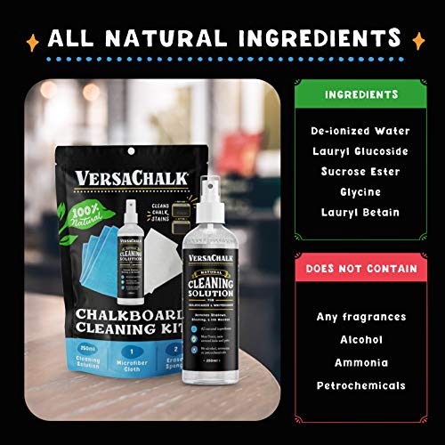 100% Natural Chalkboard Cleaner Spray and Eraser Kit by VersaChalk (250 mL) - Remove Liquid Chalk Marker Ink from Chalk Board Signs, Whiteboard, Dry Erase Marker Board, and Blackboard