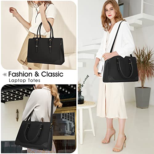 Laptop Bag for Women 15.6 Inch Laptop Tote Bag Large Capacity Work Bag Waterproof Leather Office Briefcase Lightweight Business Computer Tote Bag Fashion Shoulder Bag Handbag Black