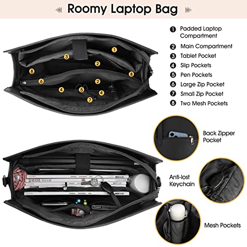 Laptop Bag for Women 15.6 Inch Laptop Tote Bag Large Capacity Work Bag Waterproof Leather Office Briefcase Lightweight Business Computer Tote Bag Fashion Shoulder Bag Handbag Black