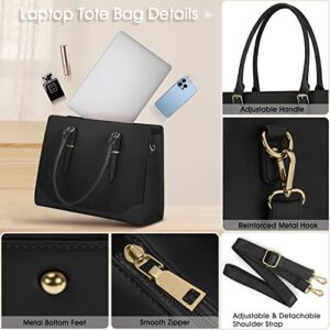 Laptop Bag for Women 15.6 Inch Laptop Tote Bag Large Capacity Work Bag Waterproof Leather Office Briefcase Lightweight Business Computer Tote Bag Fashion Shoulder Bag Handbag Black