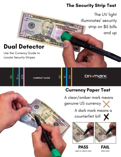 Dri Mark Dual Test 351UVCL - The Original Counterfeit Detection Marker Pen with UV LED Cap, Tests for Security Strips and Authentic Currency Paper - 1 UV Light/Pen Black/Green Plus 1 Holder with Coil