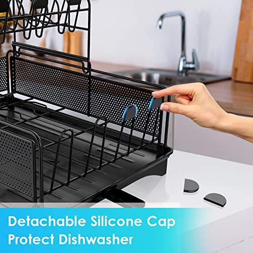 Wahopy Dish Drying Rack 2 Tiers Large Dish Rack Drainboard Set with Adjustable Swivel Spout, Utensil Cutlery Holder, Antislip Silicone Cap, Dish Drainer | Dish Strainer Rack for Kitchen Counter Sink