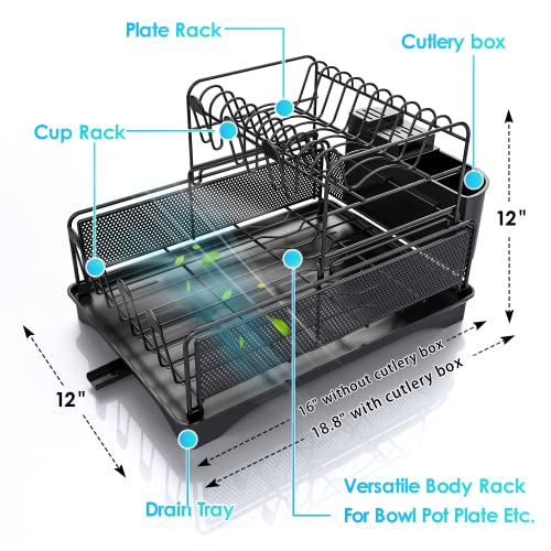 Wahopy Dish Drying Rack 2 Tiers Large Dish Rack Drainboard Set with Adjustable Swivel Spout, Utensil Cutlery Holder, Antislip Silicone Cap, Dish Drainer | Dish Strainer Rack for Kitchen Counter Sink