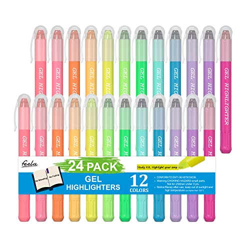 Feela 24 Pack Gel Highlighters, 12 Assorted Colors Bible Highlighter Markers Journaling Supplies, No Bleed Through For Highlighting Journal School Office