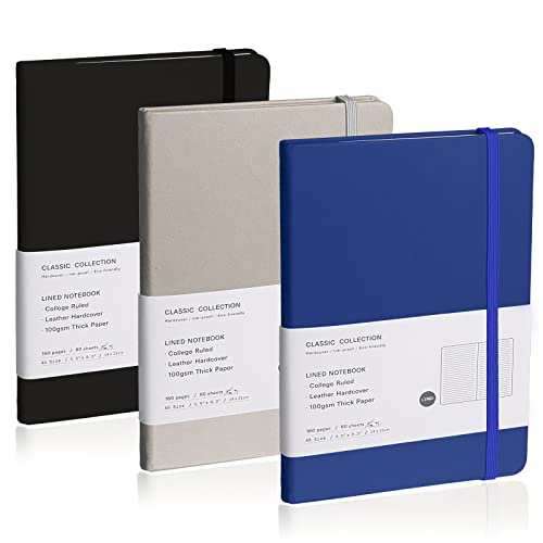 EMOMAS Lined Journal Notebook, 3Pack(1black-1blue-1grey), 160 Pages, Medium 5.7 inches x 8 inches - 100 gsm Thick Paper, Hardcover