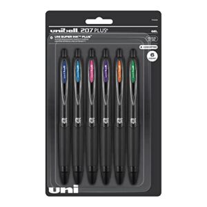 uni-ball 207 plus+ retractable gel pens 6 pack in assorted colors with 0.7mm medium point pen tips – uni-super ink+ is smooth, vibrant, and protects against water, fading, and fraud