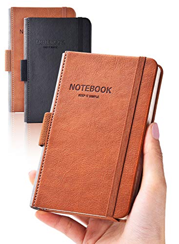 AISBUGUR Pocket Notebook Small Notebook 2-Pack, 3.5" x 5.5" Pocket Notebooks Hardcover with Thick Lined Paper, Inner Pockets, Cover Letter Embossing Design Mini Journal Notepad 1Black 1Brown Leather