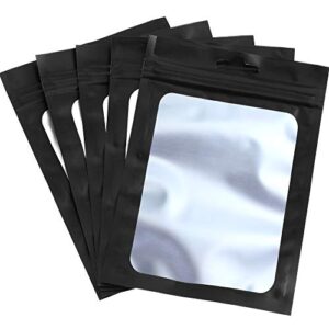 boao 100 pieces mylar bags smell proof bags resealable bags for small business with clear window holographic bags for food storage and lip gloss, jewelry, eyelash packaging (black, 4 x 6 inch)