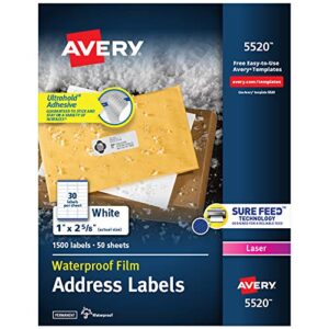 avery waterproof address labels with sure feed & trueblock 1″ x 2-5/8″, 1,500 white laser labels (5520)