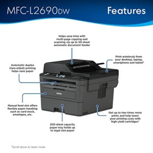 Brother MFC-L2690DW All-in-One Wireless Monochrome Laser Printer, Black - Print Copy Scan Fax - 26 ppm, 2400 x 600 dpi, 50-Sheet ADF, Auto Duplex Printing, LCD Screen, Cbmoun