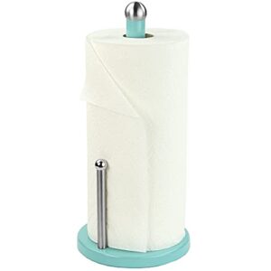 steel paper towel holder by home basics (turquoise), standing paper towel roll holder for kitchen | bathroom with weighted base and tear arm for easy operation | countertop paper towels holder