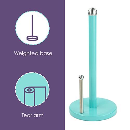 Steel Paper Towel Holder by Home Basics (Turquoise), Standing Paper Towel Roll Holder for Kitchen | Bathroom with Weighted Base and Tear Arm For Easy Operation | Countertop Paper Towels Holder