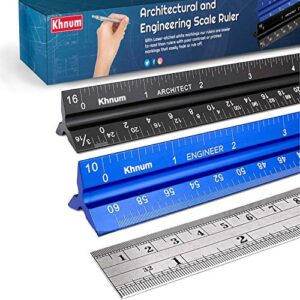 12-inch architectural and engineering scale ruler set (imperial) | laser-etched aluminum triangular drafting tool | for architect and civil engineer blueprints | standard metal ruler included