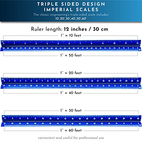 12-Inch Architectural and Engineering Scale Ruler Set (Imperial) | Laser-Etched Aluminum Triangular Drafting Tool | for Architect and Civil Engineer Blueprints | Standard Metal Ruler Included