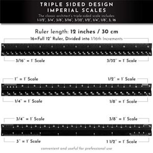 12-Inch Architectural and Engineering Scale Ruler Set (Imperial) | Laser-Etched Aluminum Triangular Drafting Tool | for Architect and Civil Engineer Blueprints | Standard Metal Ruler Included