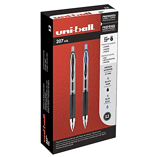 Uniball Signo 207 Retractable Gel Pens - Medium Point - 6 Black with 6 Blue Ink Pens (Total of 12 Pens)