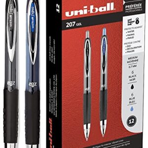 Uniball Signo 207 Retractable Gel Pens - Medium Point - 6 Black with 6 Blue Ink Pens (Total of 12 Pens)