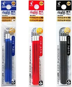 pilot gel ink refills for frixion ball 3 gel ink multi pen & frixion ball slim 038 gel ink pen, 0.38mm, black/blue/red ink, 3 packs 9 refills total value set