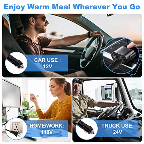 RIKDOKEN [60W Faster Heat] Electric Lunch Box for Car Truck Work Home, 12V 24V 110V Food Warmer with 1.5L Removable Stainless Steel Container, Leak-proof Portable Lunch Heater with Bag, Spoon, Fork