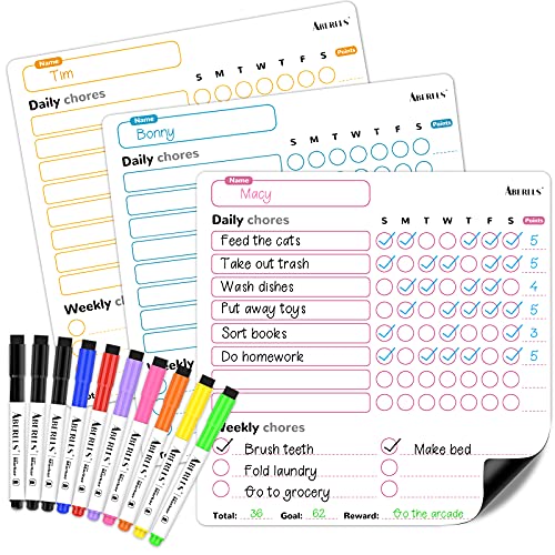 Magnetic Chore Chart, 3 Pcs Dry Erase Behavior Charts & 10 Markers, Reward Chart for Multiple Kids Teens Adults Family, Daily Responsibility Rewards Whiteboard for Fridge School Home Supplies