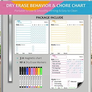 Magnetic Chore Chart, 3 Pcs Dry Erase Behavior Charts & 10 Markers, Reward Chart for Multiple Kids Teens Adults Family, Daily Responsibility Rewards Whiteboard for Fridge School Home Supplies