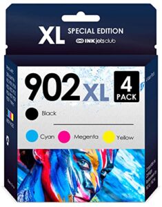 inkjetsclub hp 902xl high yield black and color compatible inkjet cartridge for hp 902 officejet pro 6962 6954 6960 6968 6958 6970 6979 6950 6975 printers. 4 pack (black, cyan, magenta, yellow)