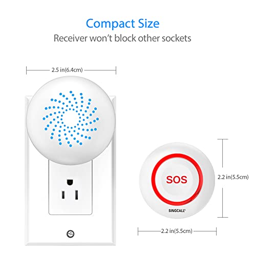 SINGCALL Tuya Wifi Smart Wireless Caregiver Pager System Nurse Calling Alert System for Elderly Patient Seniors Disabled 1 Waterproof SOS Emergency Button 1 Plugin Receiver(only Supports 2.4GHz Wi-Fi)