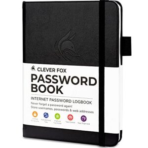 clever fox password book with tabs. internet address and password organizer logbook with alphabetical tabs. small pocket size password keeper journal notebook for computer & website logins (black)