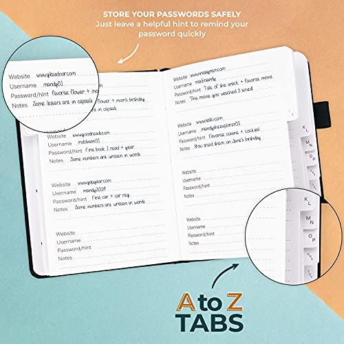 Clever Fox Password Book with tabs. Internet Address and Password Organizer Logbook with alphabetical tabs. Small Pocket Size Password Keeper Journal Notebook for Computer & Website Logins (Black)