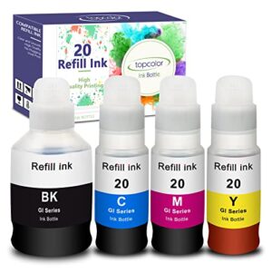 topcolor compatible dye ink replacement for canon gi-20 gi20 ink bottles refills kit for canon pixma g6020 g5020 g7020 megatank printers, 170ml black ink refill, 70ml cyan magenta yellow, 4 packs