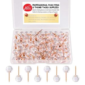 yalis push pins 1/3 inch rose gold map tacks 100-count large size pins rose gold steel point and transparent plastic round head (rose gold)