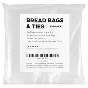 [120 Pack] Plastic Bread Bags for Homemade Bread or Bakery - Heavy Duty Bread Loaf Bags with Ties - Clear Bread Wrappers Storage Packaging - Reusable Bag for Large Loaves - 8” x 4” x 18”